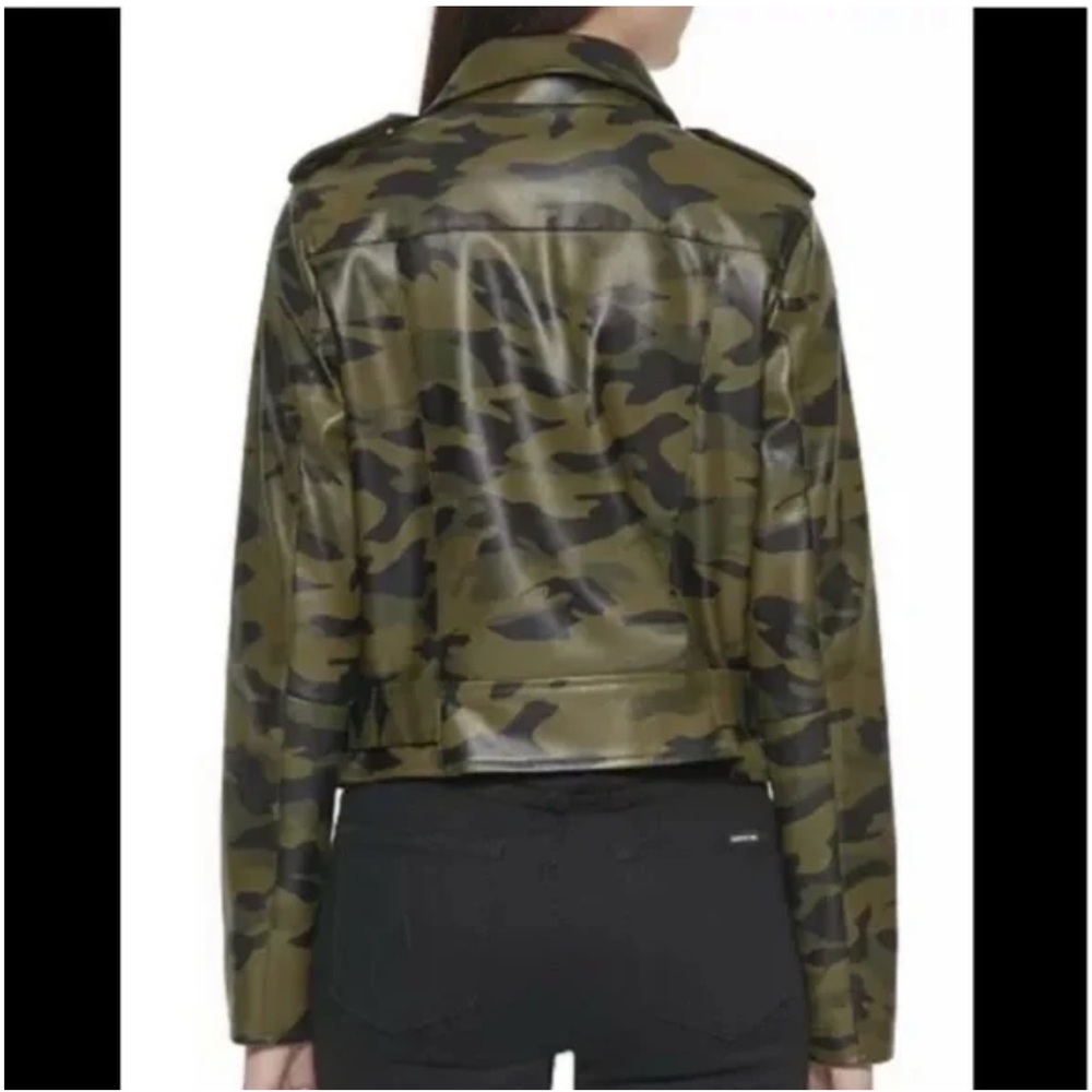 Calvin Klein Green Camouflage Faux Leather Motto Biker Jacket - Picture 7 of 8